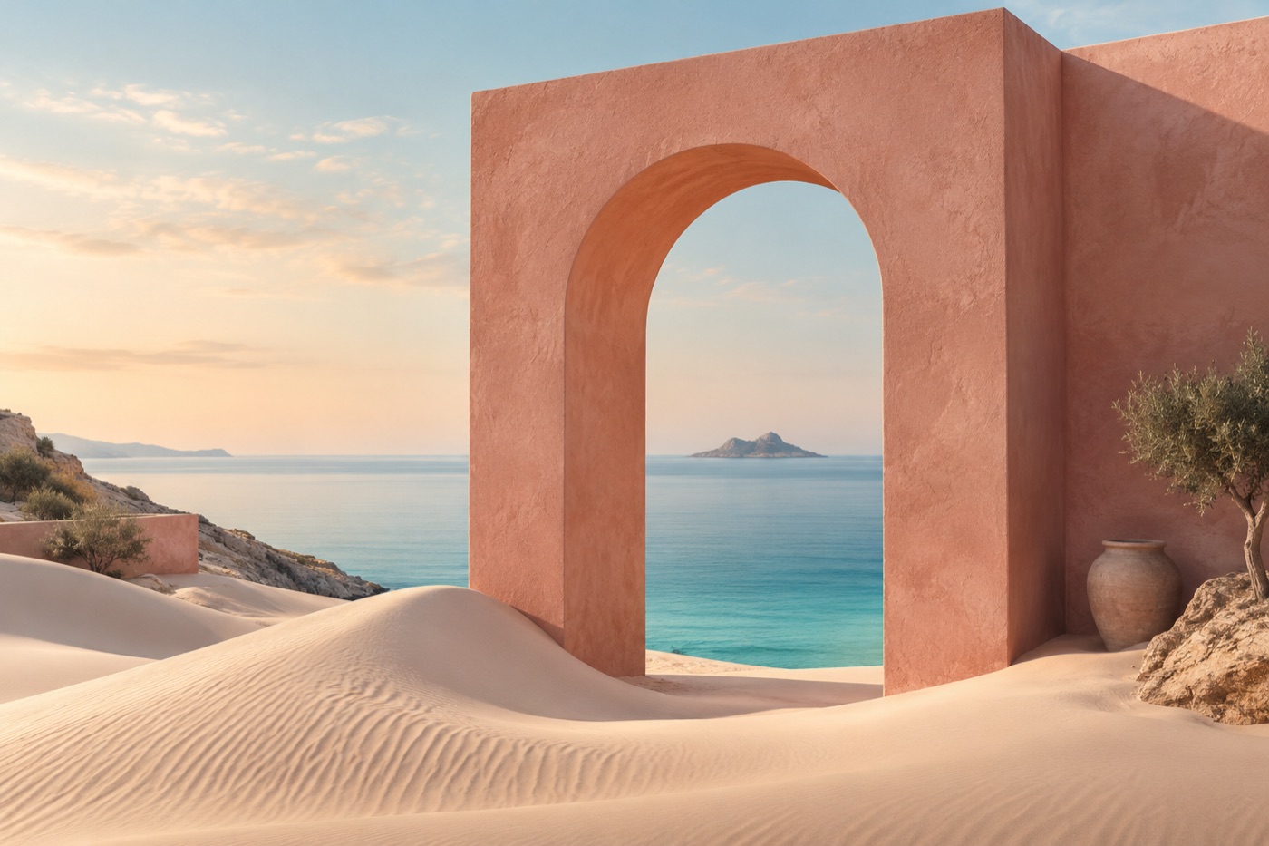 A sculptural terracotta arch on pale sand dunes, a calm turquoise sea visible through the opening, soft morning light, editorial architectural photography, tactile plaster, no text.
